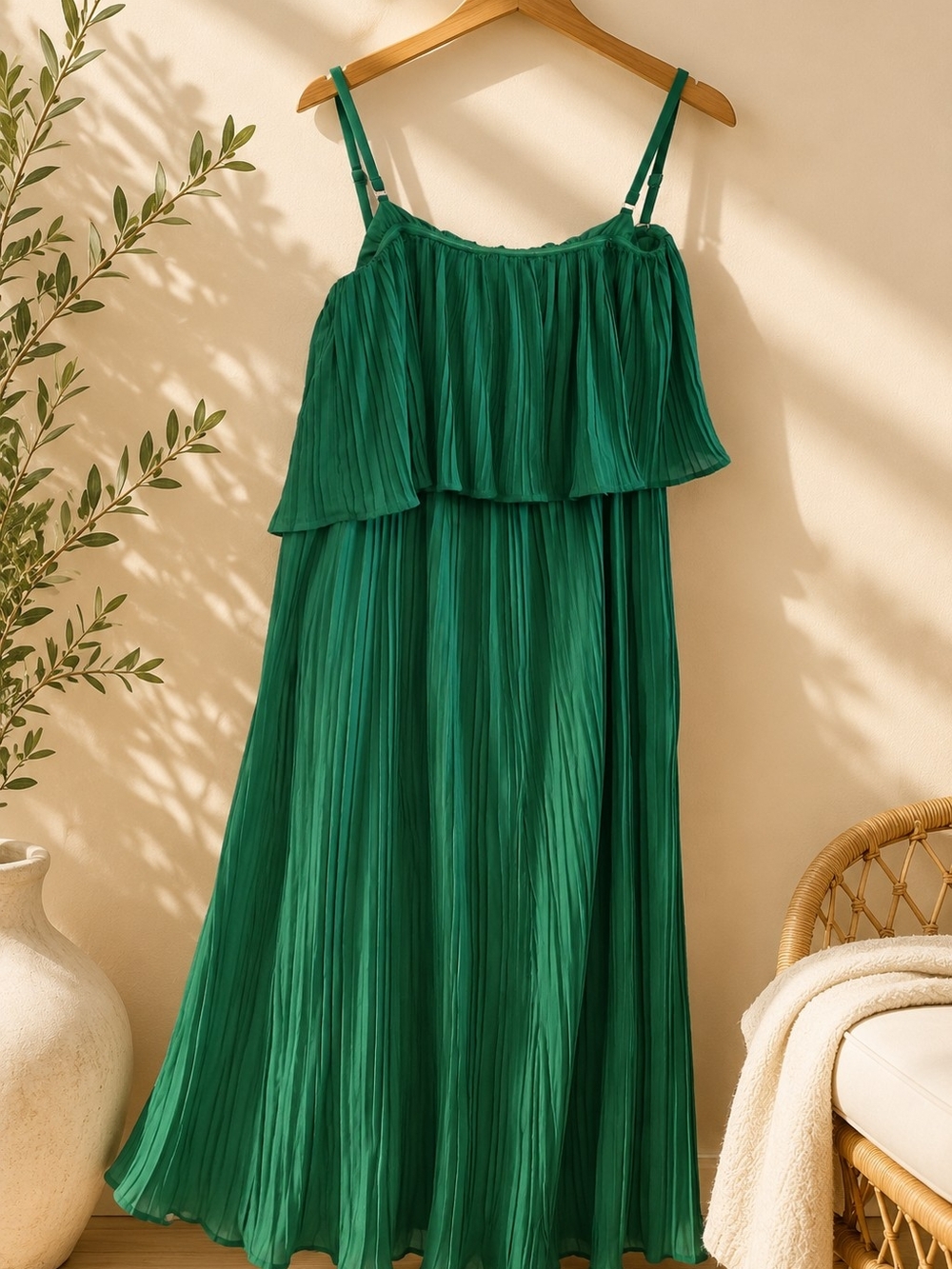 Kensie Green Spaghetti Strap Pleated Dress